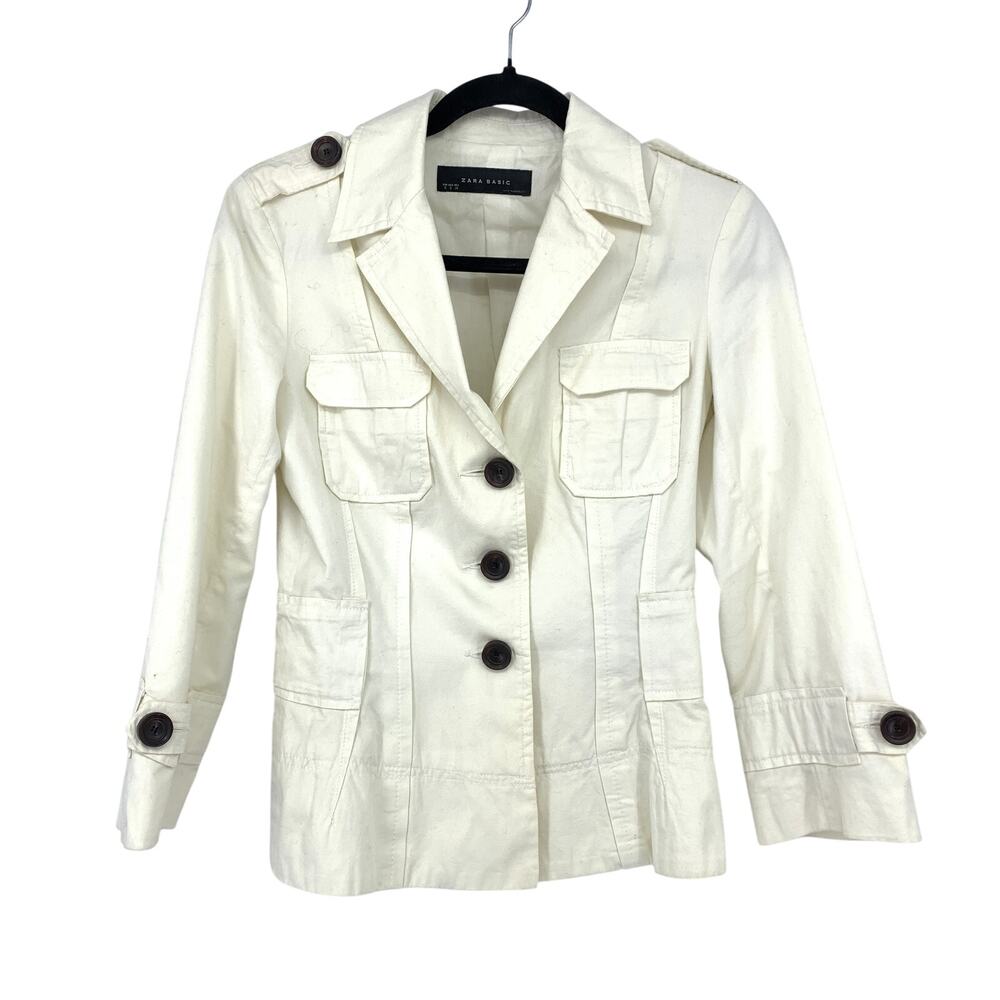 Zara Basic Three Button Blazer Jacket Womens Size Small Cream White Cotton
